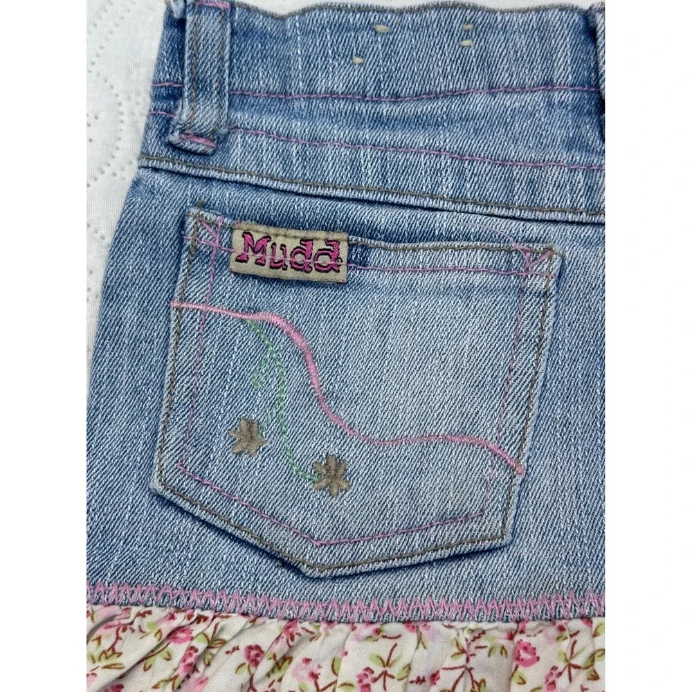Mudd Girls Denim Tiered Floral Striped Skirt Size 6X Pink Yellow Blue Boho